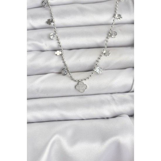 Pirinç Gümüş Renk Yonca Model Kadın Kolye - TJ-BKO10651