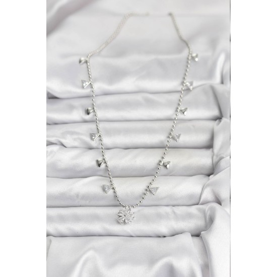 Pirinç Gümüş Renk Zirkon Taşlı Çiçek Model Kadın Kolye - TJ-BKO10652