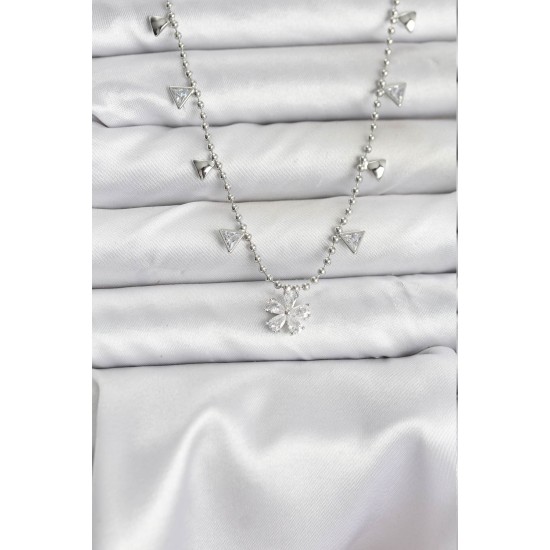 Pirinç Gümüş Renk Zirkon Taşlı Çiçek Model Kadın Kolye - TJ-BKO10652