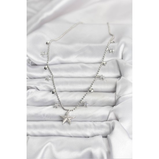 Pirinç Gümüş Renk Zirkon Taşlı Deniz Yıldızı Model Kadın Kolye - TJ-BKO10654