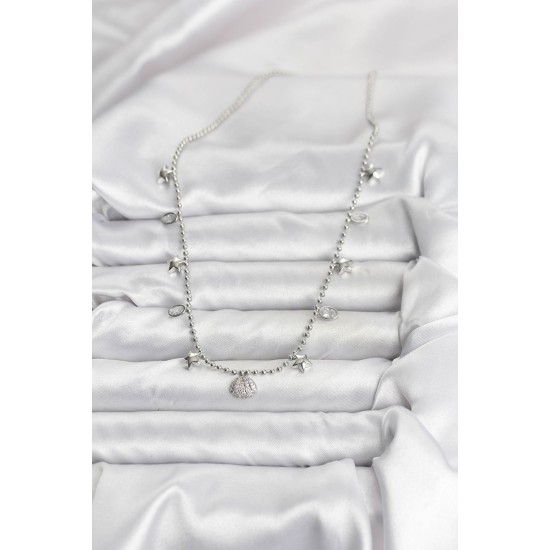 Pirinç Gümüş Renk Zirkon Taşlı Deniz Kabuğu Model Kadın Kolye - TJ-BKO10656