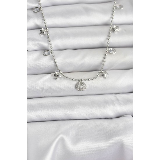 Pirinç Gümüş Renk Zirkon Taşlı Deniz Kabuğu Model Kadın Kolye - TJ-BKO10656