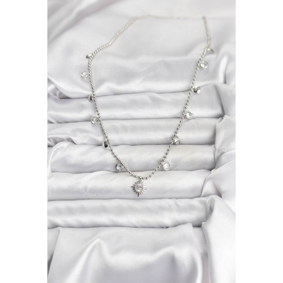 Zirkon Taşlı Kutup Yıldızı Model Pirinç Gümüş Renk Kadın Kolye - TJ-BKO10658