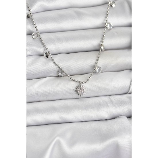 Zirkon Taşlı Kutup Yıldızı Model Pirinç Gümüş Renk Kadın Kolye - TJ-BKO10658