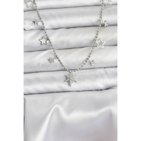 Pirinç Gümüş Renk Zirkon Taşlı Kutup Yıldızı Model Kadın Kolye - TJ-BKO10659