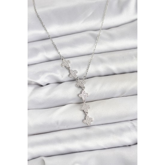 316L Çelik Zincir Gümüş Renk Yonca Model Kadın Kolye - TJ-BKO10675