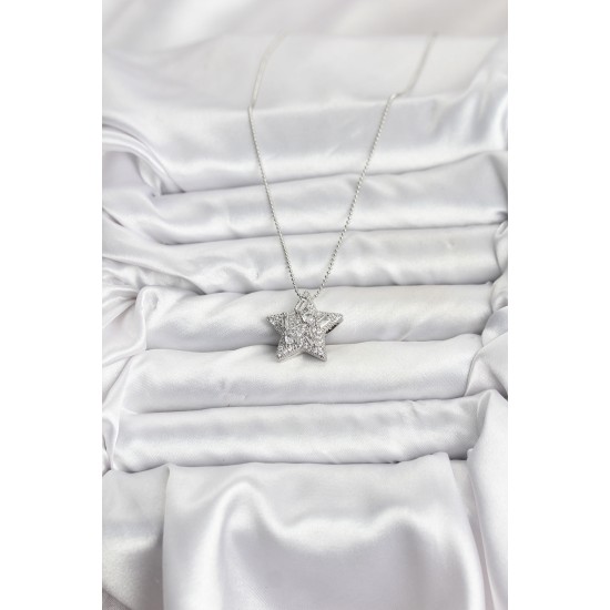 316L Çelik Zincir Gümüş Renk Zincirli Gümüş Yıldız Model Kadın Kolye - TJ-BKO10678