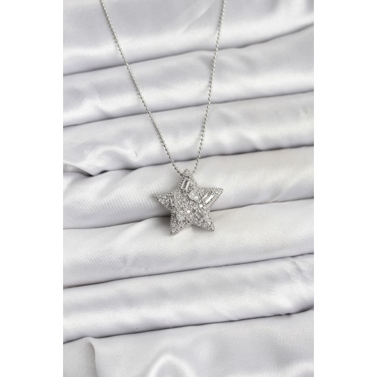316L Çelik Zincir Gümüş Renk Zincirli Gümüş Yıldız Model Kadın Kolye - TJ-BKO10678