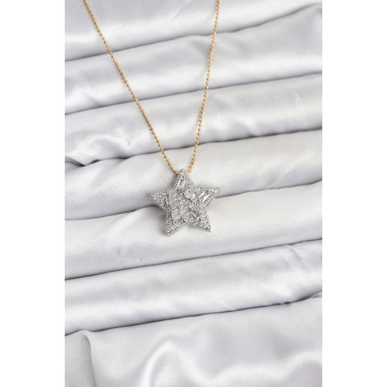 316L Çelik Zincir Gold Renk Zincirli Gümüş Yıldız Model Kadın Kolye - TJ-BKO10680