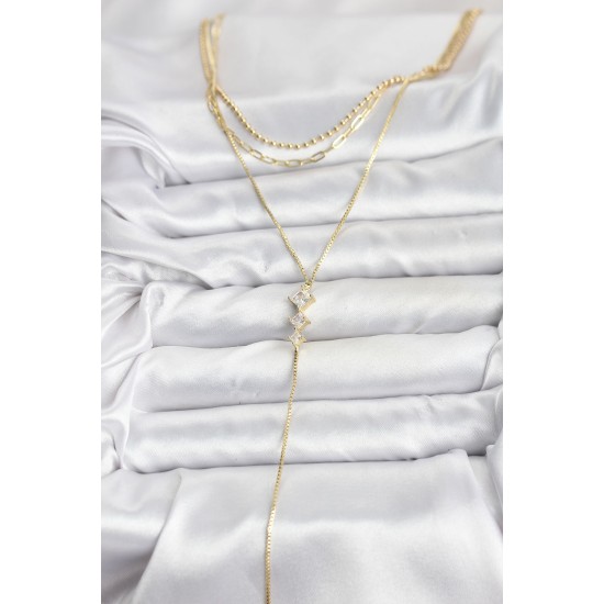 Pirinç Gold Renk Zirkon Taş Detaylı 3'lü Kombin Y Kadın Kolye - TJ-BKO10691