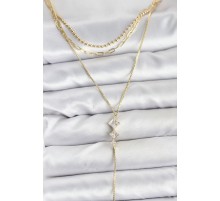 Pirinç Gold Renk Zirkon Taş Detaylı 3'lü Kombin Y Kadın Kolye - TJ-BKO10691