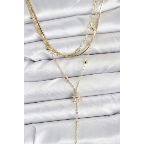 Pirinç Gold Renk Kutup Yıldızı Model Detaylı 3'lü Kombin Y Kadın Kolye - TJ-BKO10694