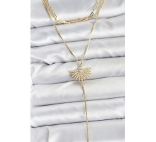 Pirinç Gold Renk Zirkon Taşlı Yelpaze Model Detaylı 3'lü Kombin Y Kadın Kolye - TJ-BKO10695