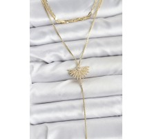 Pirinç Gold Renk Zirkon Taşlı Yelpaze Model Detaylı 3'lü Kombin Y Kadın Kolye - TJ-BKO10695