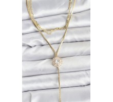 Pirinç Gold Renk Zirkon Taşlı Papatya Model Detaylı 3'lü Kombin Y Kadın Kolye - TJ-BKO10696