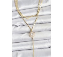 Pirinç Gold Renk Zirkon Taşlı Papatya Model Detaylı 3'lü Kombin Y Kadın Kolye - TJ-BKO10696