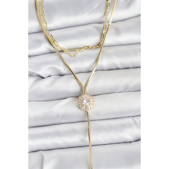 Pirinç Gold Renk Zirkon Taşlı Papatya Model Detaylı 3'lü Kombin Y Kadın Kolye - TJ-BKO10696