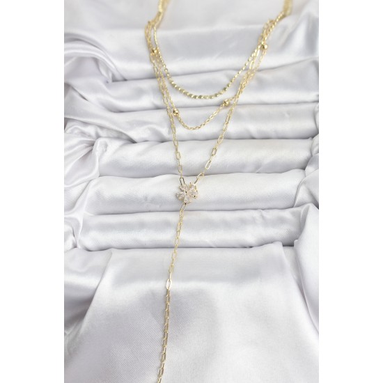 Pirinç Gold Renk Zirkon Taşlı Çiçek Model Detaylı 3'lü Kombin Y Kadın Kolye - TJ-BKO10697