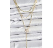 Pirinç Gold Renk Zirkon Taşlı Çiçek Model Detaylı 3'lü Kombin Y Kadın Kolye - TJ-BKO10697