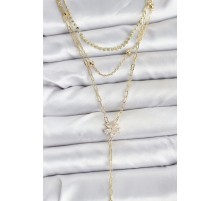 Pirinç Gold Renk Zirkon Taşlı Çiçek Model Detaylı 3'lü Kombin Y Kadın Kolye - TJ-BKO10697