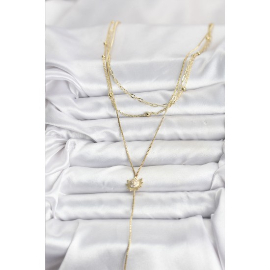 Pirinç Gold Renk Zirkon Taşlı Güneş Model Detaylı 3'lü Kombin Y Kadın Kolye - TJ-BKO10698