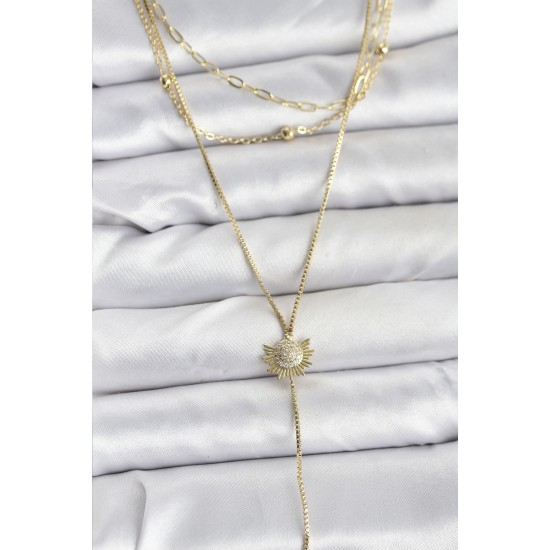 Pirinç Gold Renk Zirkon Taşlı Güneş Model Detaylı 3'lü Kombin Y Kadın Kolye - TJ-BKO10698