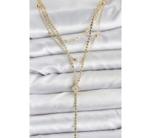 Pirinç Gold Renk Zirkon Taşlı Yonca Model Detaylı 3'lü Kombin Y Kadın Kolye - TJ-BKO10699