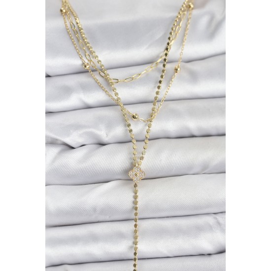 Pirinç Gold Renk Zirkon Taşlı Yonca Model Detaylı 3'lü Kombin Y Kadın Kolye - TJ-BKO10699