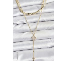 Pirinç Gold Renk Zirkon Taşlı Yoncalı Model Detaylı 3'lü Kombin Y Kadın Kolye - TJ-BKO10701