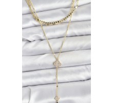 Pirinç Gold Renk Zirkon Taşlı Yoncalı Model Detaylı 3'lü Kombin Y Kadın Kolye - TJ-BKO10701