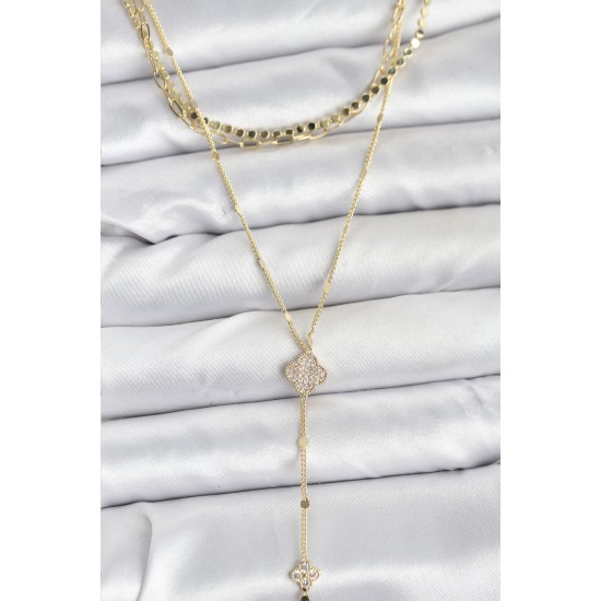 Pirinç Gold Renk Zirkon Taşlı Yoncalı Model Detaylı 3'lü Kombin Y Kadın Kolye - TJ-BKO10701