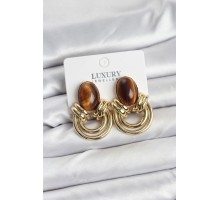 Pirinç Gold Renk Kahverengi Taşlı Vintage Kadın Küpe - TJ-BKP11354