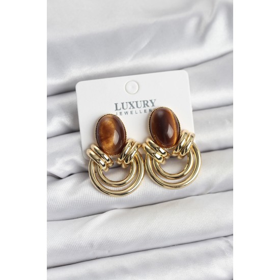 Pirinç Gold Renk Kahverengi Taşlı Vintage Kadın Küpe - TJ-BKP11354