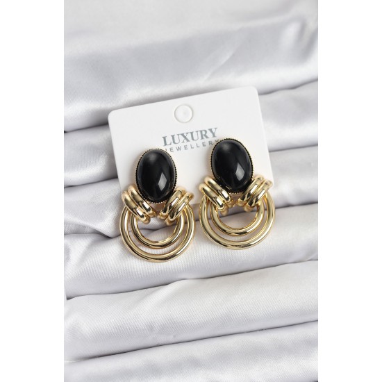 Pirinç Gold Renk Siyah Taşlı Vintage Kadın Küpe - TJ-BKP11355