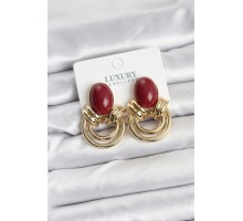 Pirinç Gold Renk Bordo Taşlı Vintage Kadın Küpe - TJ-BKP11356