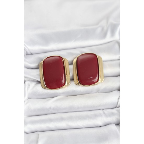 Pirinç Gold Renk Bordo Plaka Vintage Kadın Küpe - TJ-BKP11359