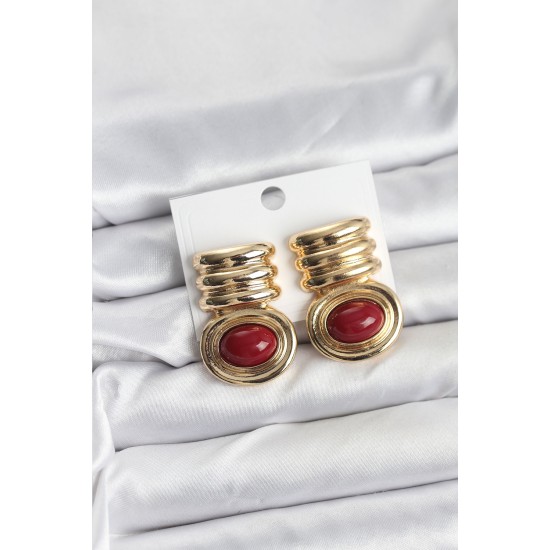 Pirinç Gold Bordo Renk Vintage Kadın Küpe - TJ-BKP11364