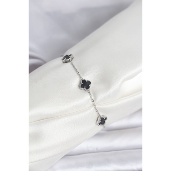 316L Çelik Gümüş Renk Siyah Baby Boy Yonca Bileklik - TJ-BB8084