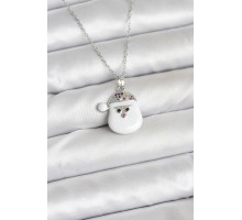 316L Çelik Zincir Gümüş Renk Şapkalı Kardan Adam Kafası Model Yılbaşı Temalı Kadın Kolye - TJ-BKO10705