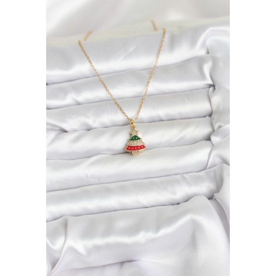 316L Çelik Zincir Gold Ren Çam Ağacı Model Zirkon Taşlı Yılbaşı Temalı Kadın Kolye - TJ-BKO10710