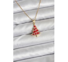316L Çelik Zincir Gold Renk Kırmızı Çam Ağacı Model Yılbaşı Temalı Kadın Kolye - TJ-BKO10714