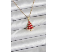316L Çelik Zincir Gold Renk Kırmızı Çam Ağacı Model Yılbaşı Temalı Kadın Kolye - TJ-BKO10714