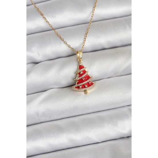 316L Çelik Zincir Gold Renk Kırmızı Çam Ağacı Model Yılbaşı Temalı Kadın Kolye - TJ-BKO10714