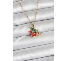316L Çelik Zincir Gold Renk Kızak ve Çam Ağacı Figürlü Yılbaşı Temalı Kadın Kolye - TJ-BKO10716
