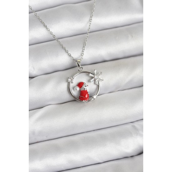 316L Çelik Zincir Gümüş Zirkon Taşlı Yılbaşı Tema Kadın Kolye - TJ-BKO10719