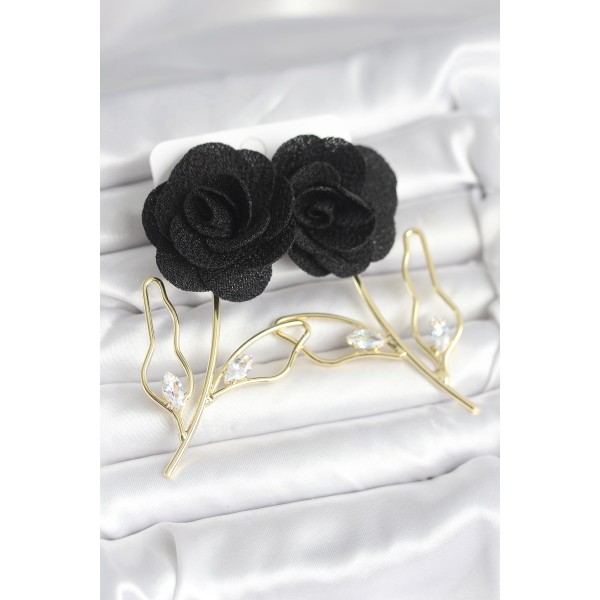 Pirinç Gold Renk Siyah Gül Model Kadın Küpe - TJ-BKP11369