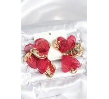 Pirinç Gold Renk Bordo Tüllü Lotus Kadın Küpe - TJ-BKP11372