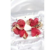 Pirinç Gold Renk Bordo Tüllü Lotus Kadın Küpe - TJ-BKP11372