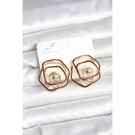 Pirinç Gold Renk Bordo Mineli Geometrik Gül Model Kadın Küpe - TJ-BKP11374