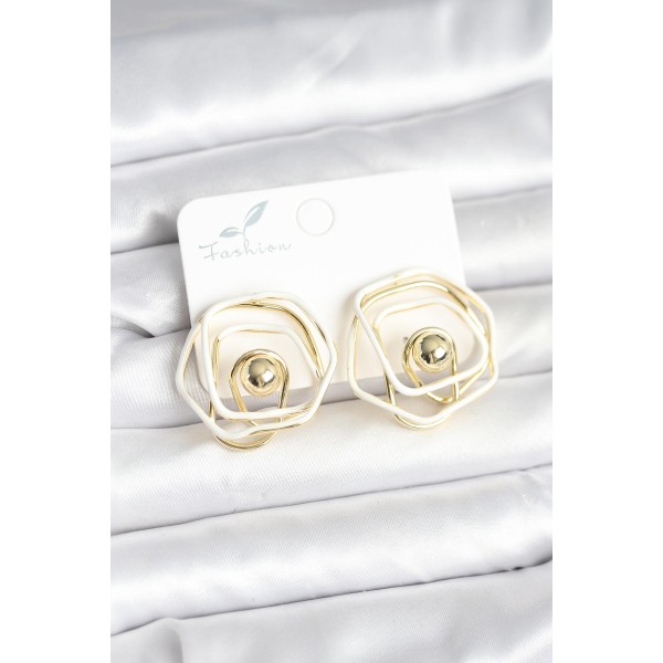 Pirinç Gold Renk Beyaz Mineli Geometrik Gül Model Kadın Küpe - TJ-BKP11375